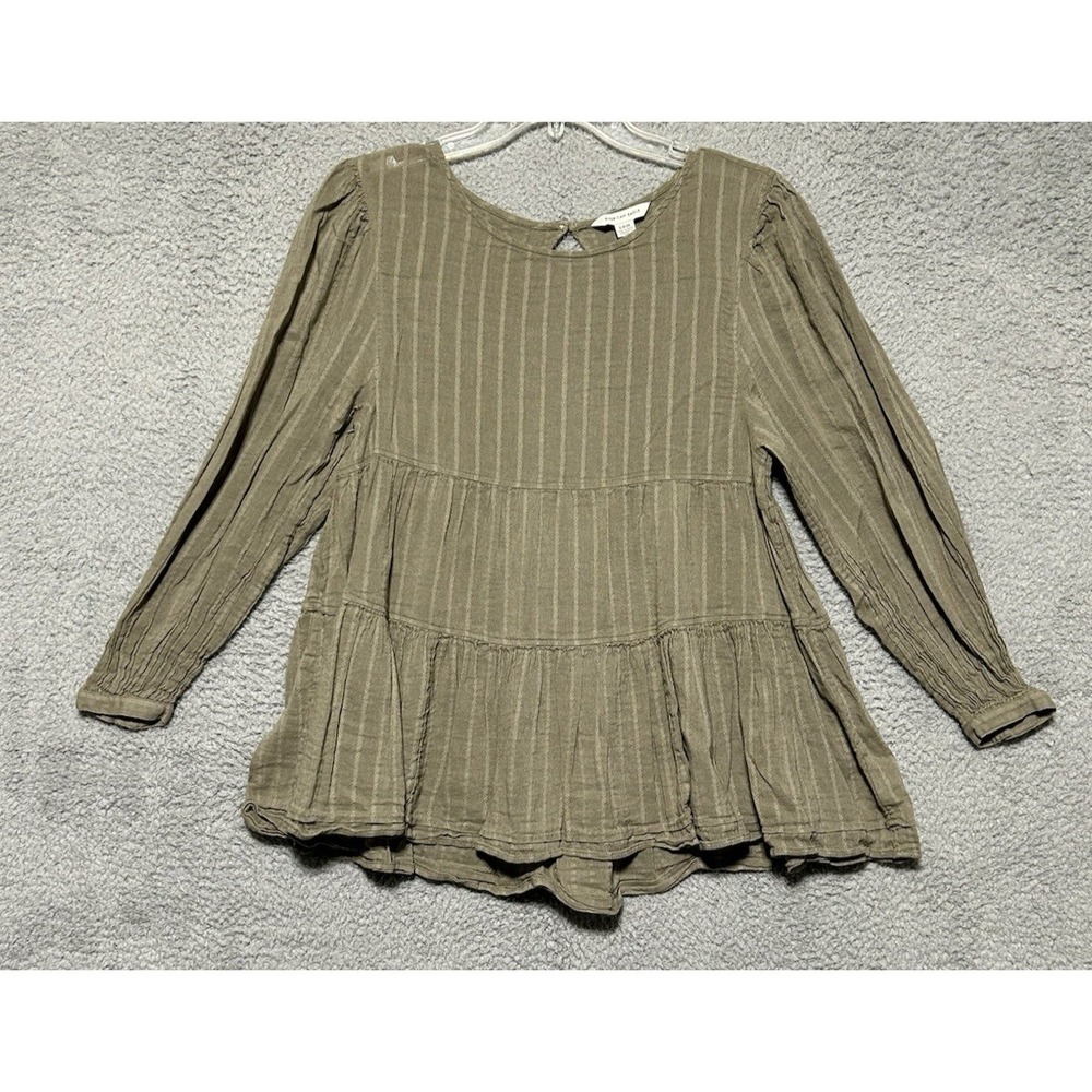 American Eagle Top Woman Small Baby Doll Tunic LS Tiered Key Hole Back Green